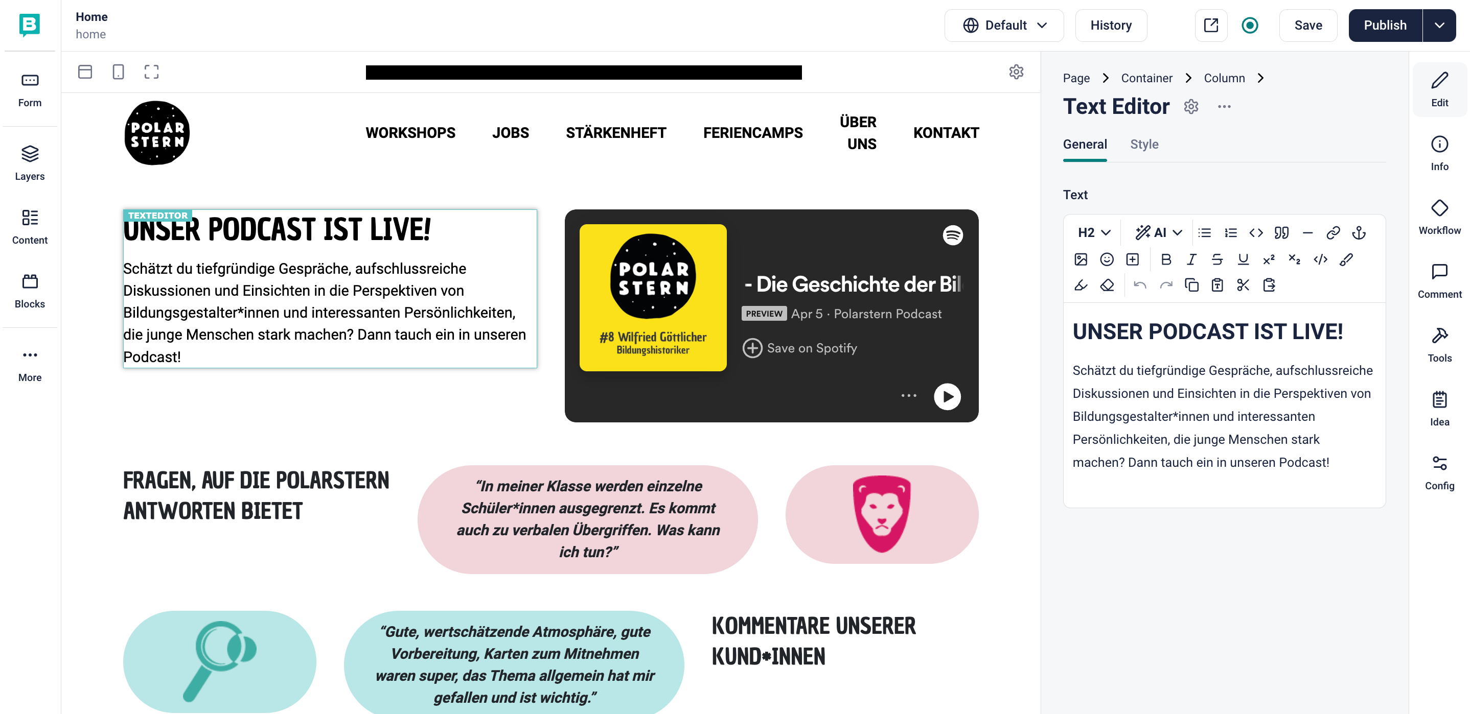 A web user interface showing the content management system storyblok editing content on the Polarstern website