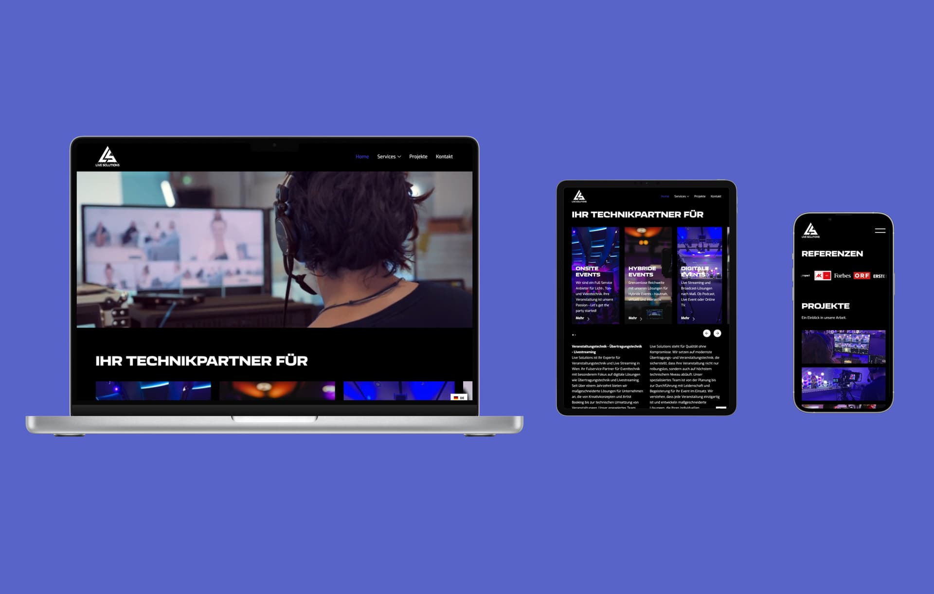 A MacBook, an iPad and an iPhone showing different views of the Live Solutions website