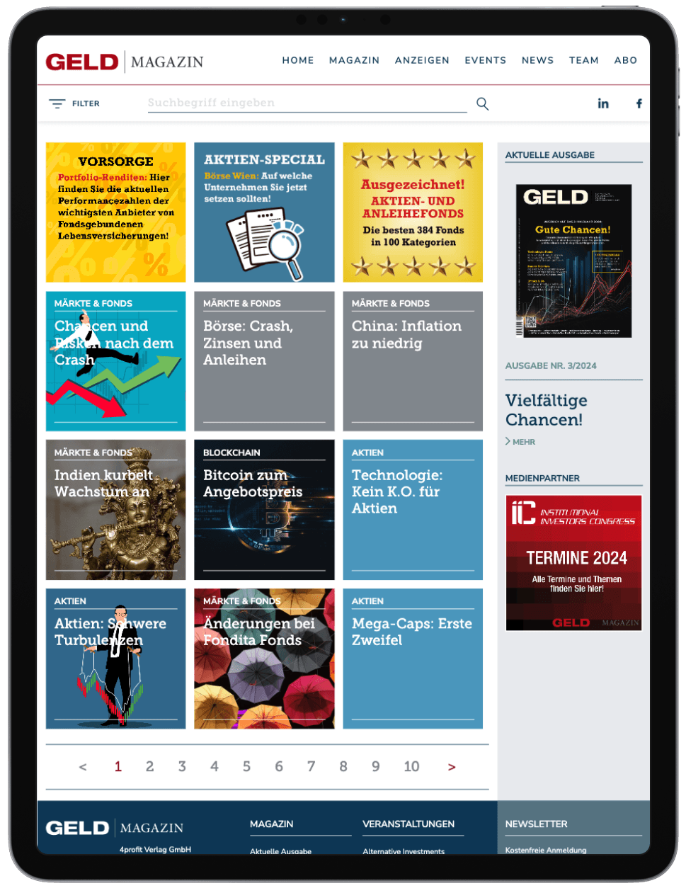 iPad showing the home blog page of the Geld Magazin website