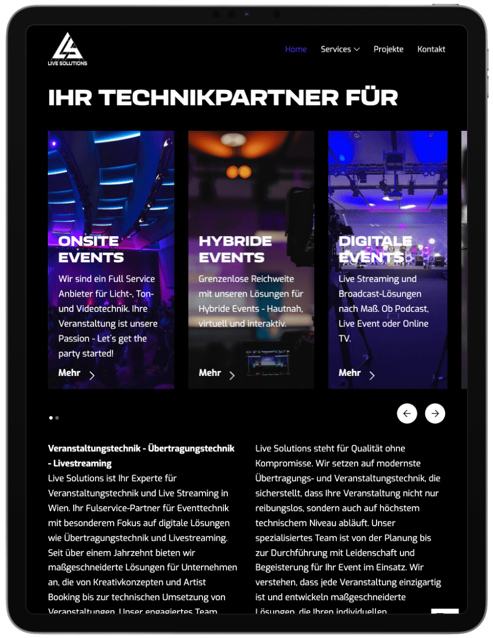 iPad showing the home page of the Live Solutions website